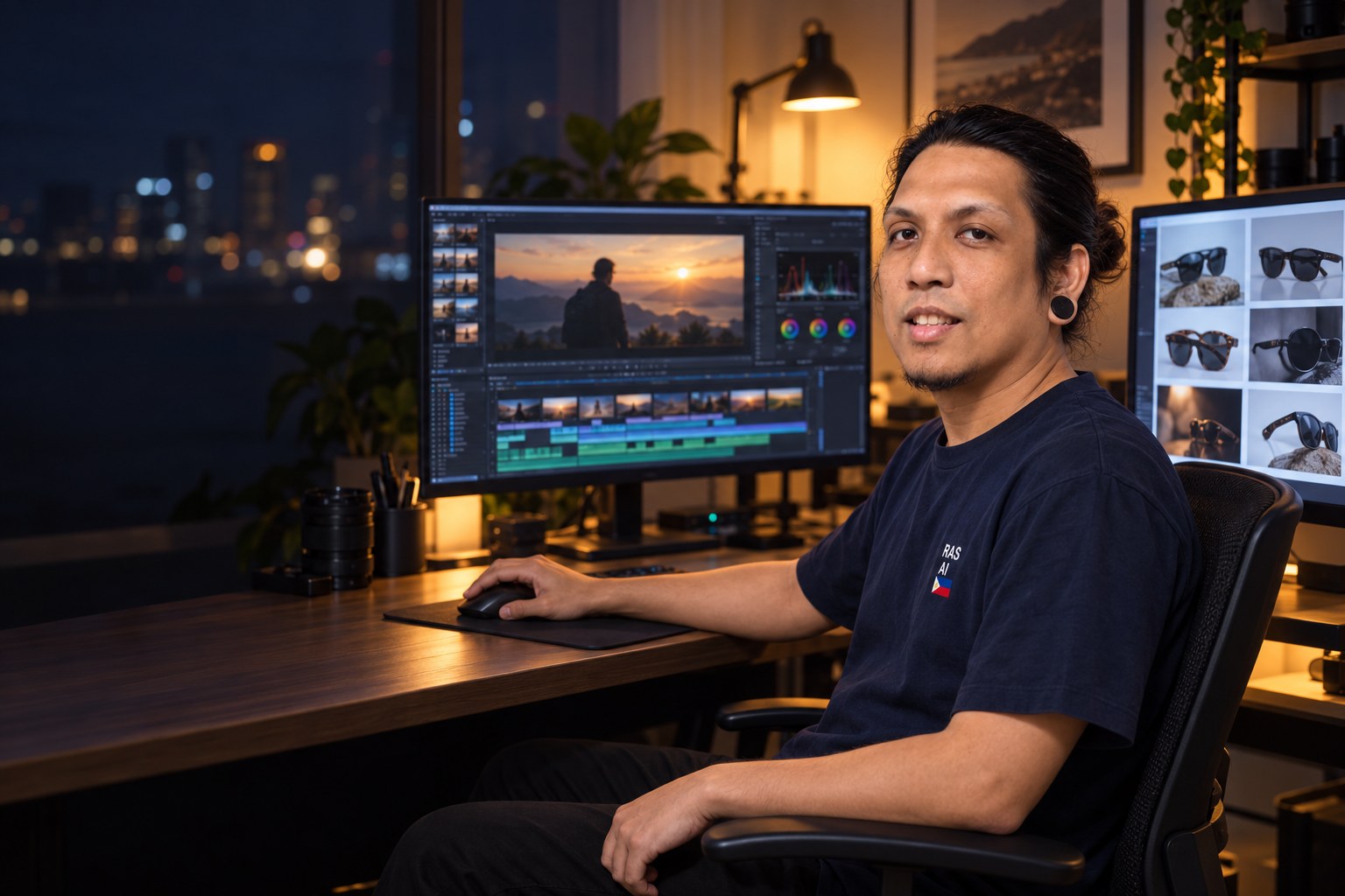 RA Sarinas at his editing desk at night, a video timeline on the main screen and sunglasses product shots on the second screen