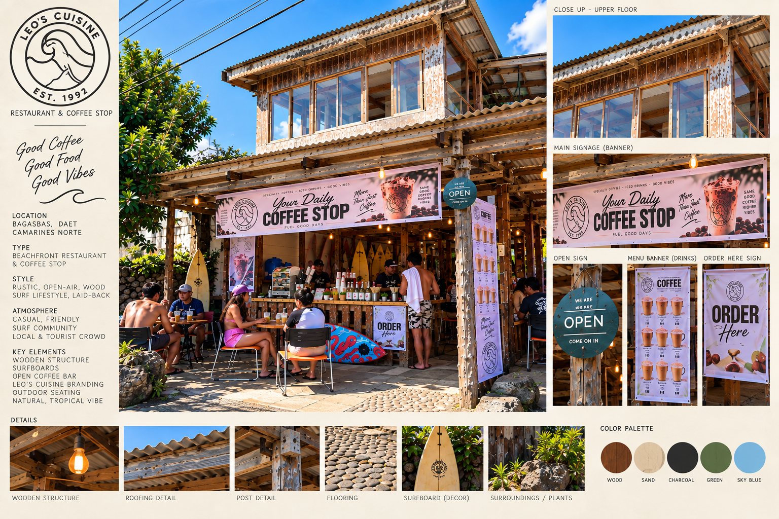 Brand board for the Leo's Cuisine storefront: building, signage, menu, logo and materials