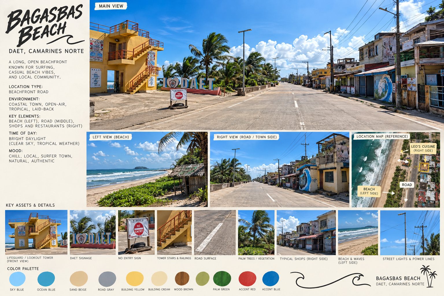 Location board for Bagasbas Beach: main road view, beach side, shop side, map and details