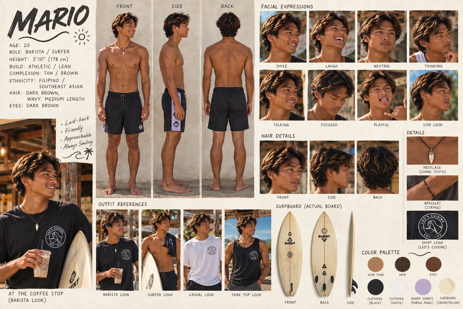 Character board for Mario, a barista and surfer: turnaround, expressions, hair, outfits and surfboard