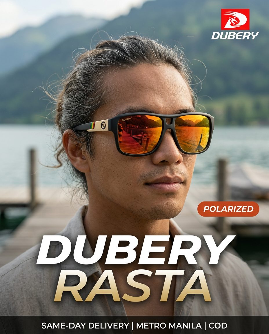 Ad: man with tied-back hair wearing Rasta sunglasses on a lakeside dock