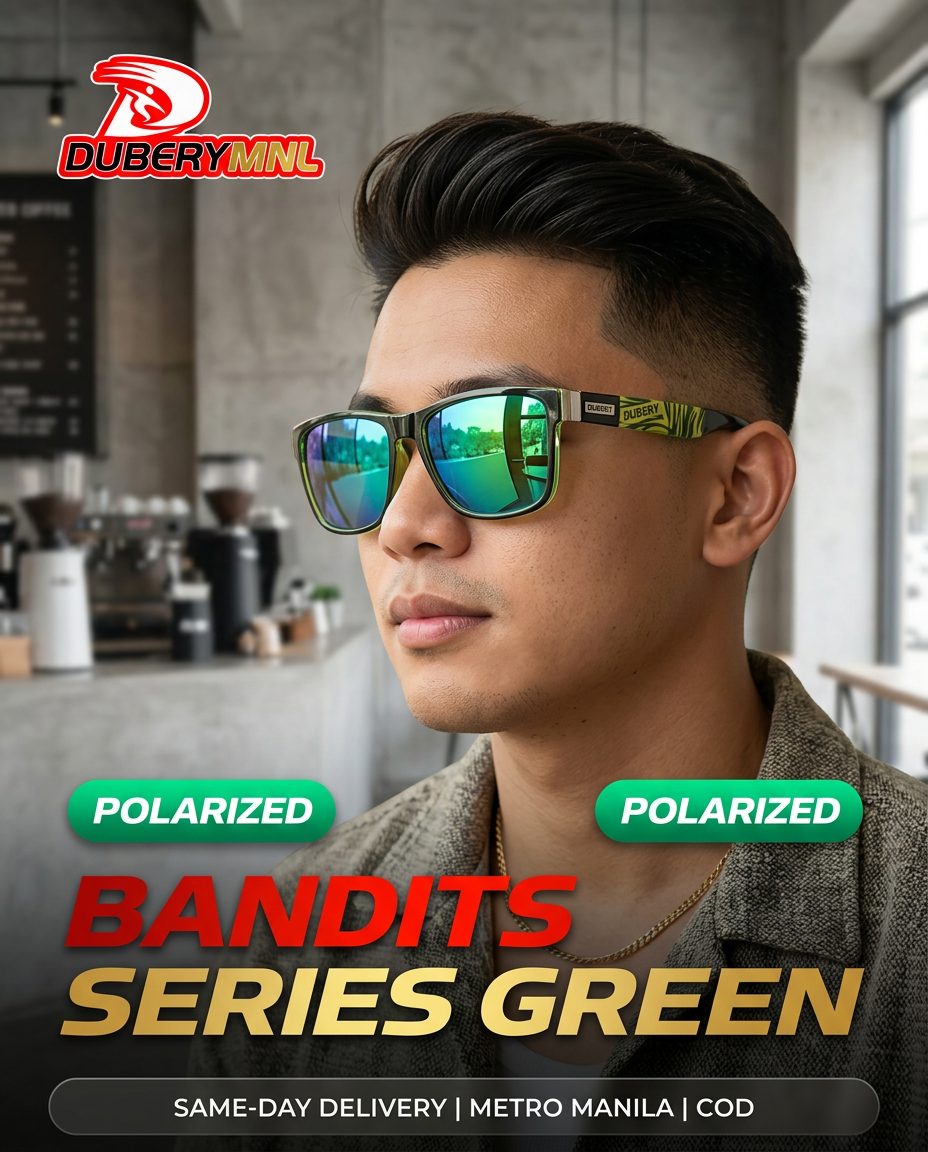 Ad: man in a cafe wearing Bandits Green sunglasses