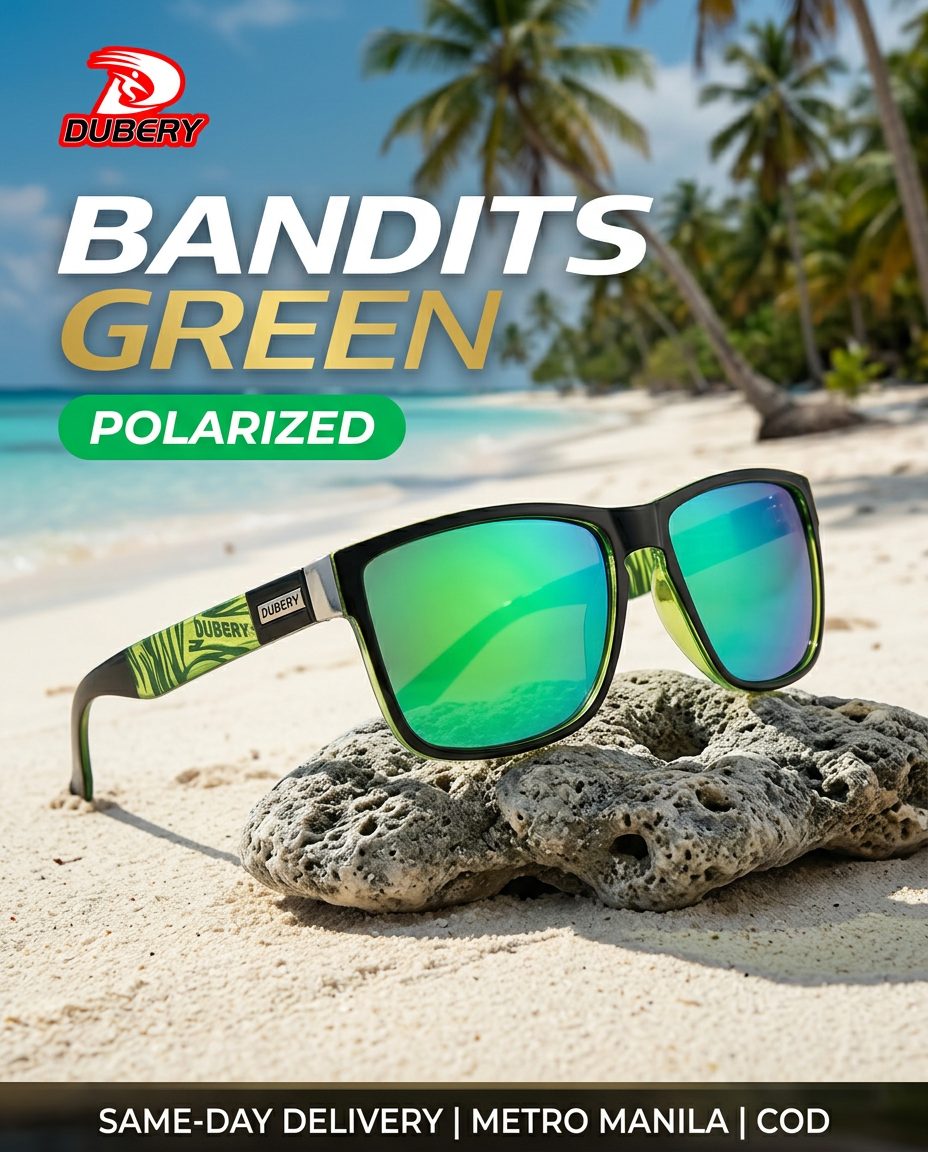 Ad: Bandits Green sunglasses resting on coral on a beach