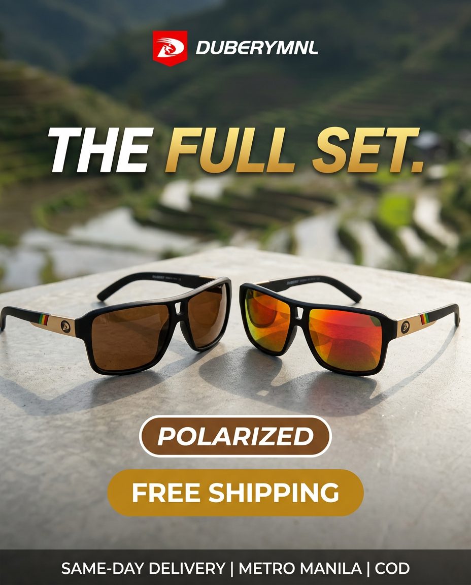 Ad: two pairs of sunglasses on a ledge above rice terraces