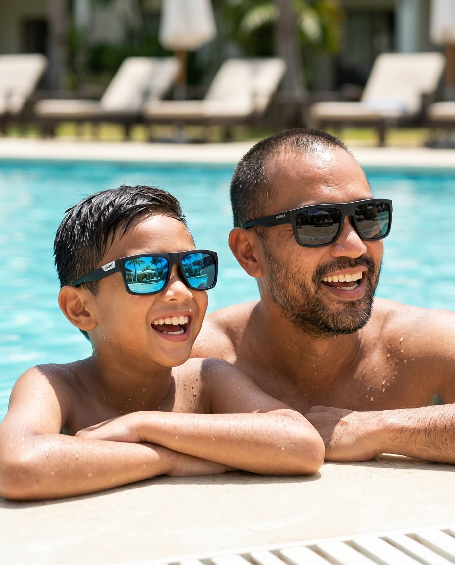 Father and son in a pool, both wearing sunglasses
