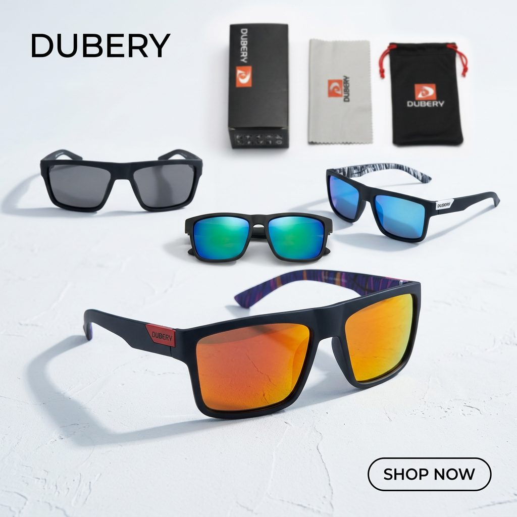 Four pairs of sunglasses with case and pouch on white