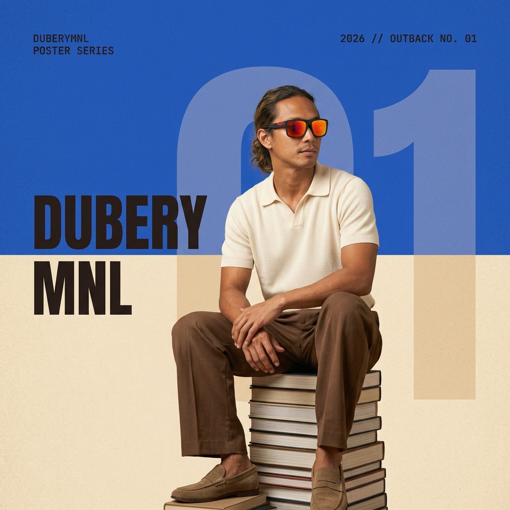 Poster: man seated on a stack of books wearing red-lens sunglasses