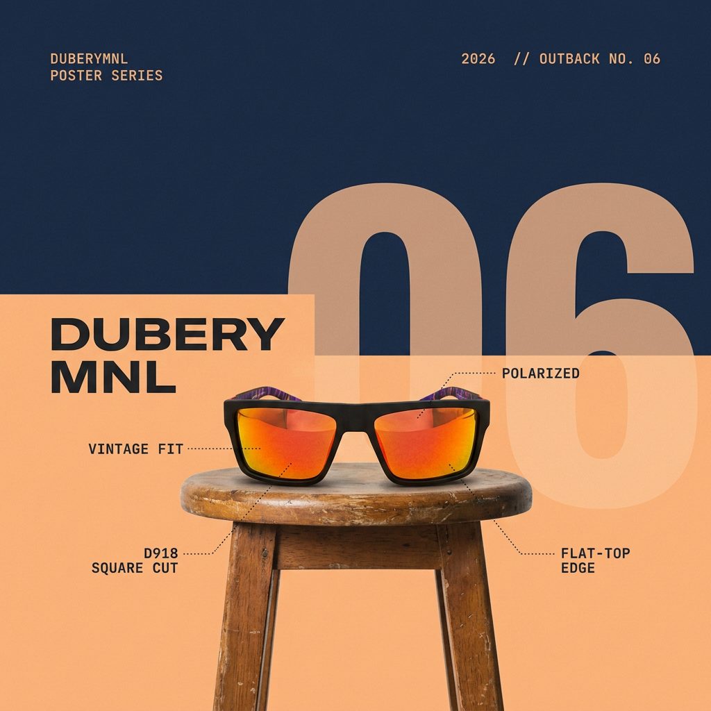 Poster: red-lens sunglasses on a wooden stool with spec callouts