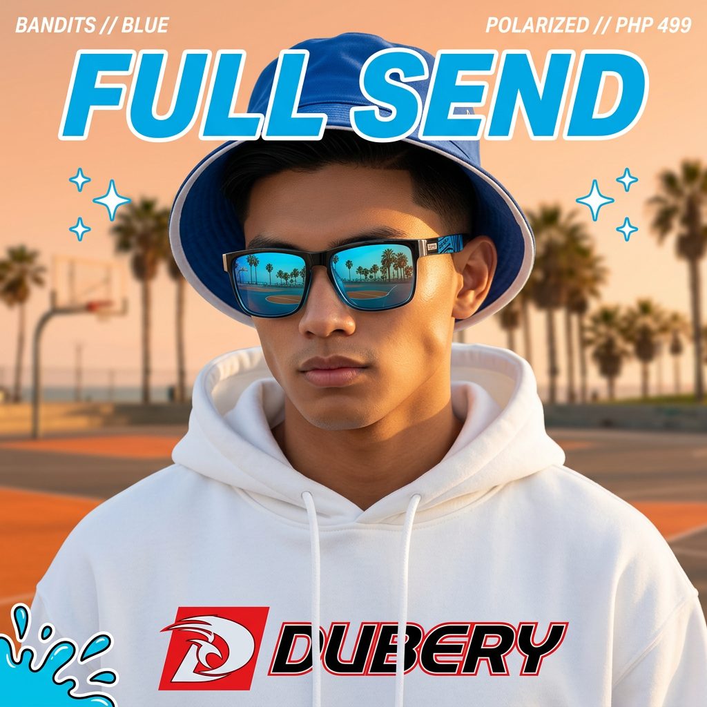 Y2K-style ad: young man in a bucket hat wearing blue-lens sunglasses