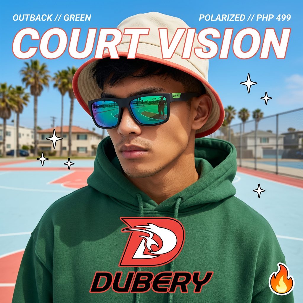 Y2K-style ad: young man on a basketball court wearing green-lens sunglasses