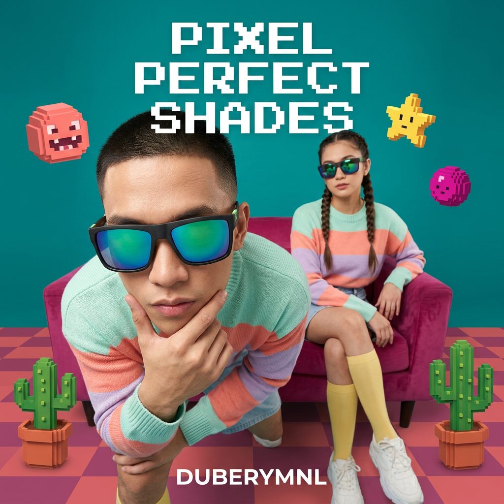 Final ad: two models in a pixel-art set wearing the green-lens sunglasses