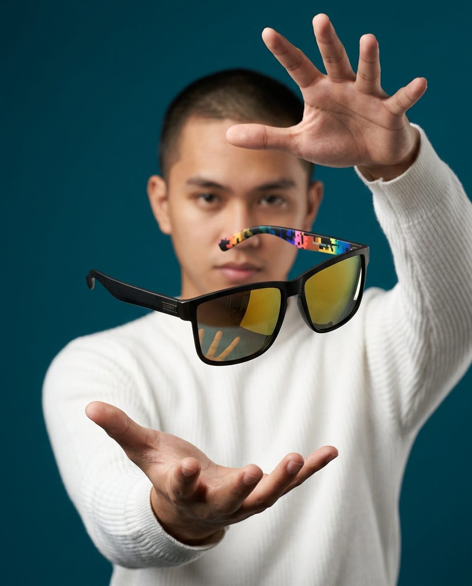 Sunglasses floating between a man's open hands