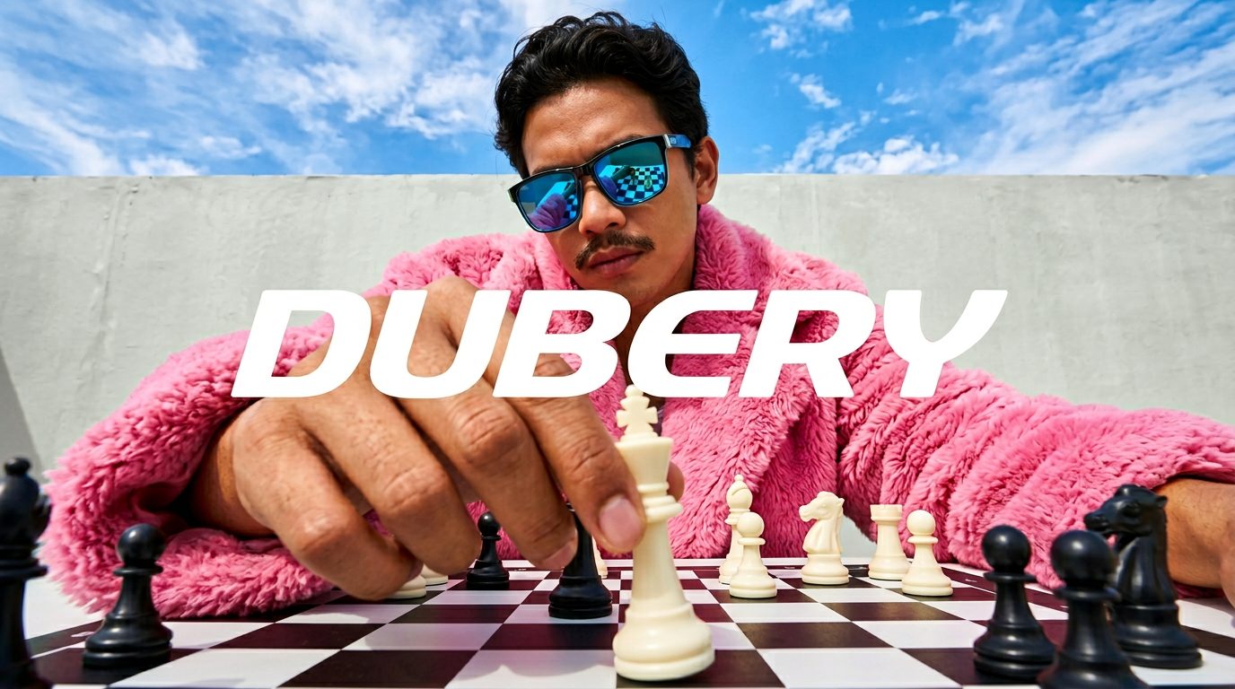 Man in a pink coat at a chessboard wearing blue mirror sunglasses