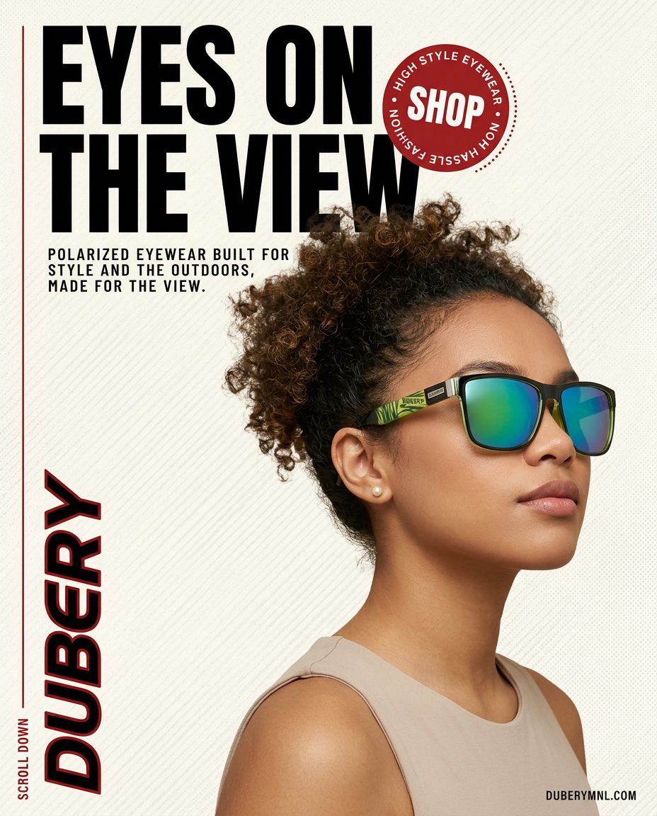 Editorial ad: woman with curly hair wearing green-lens sunglasses
