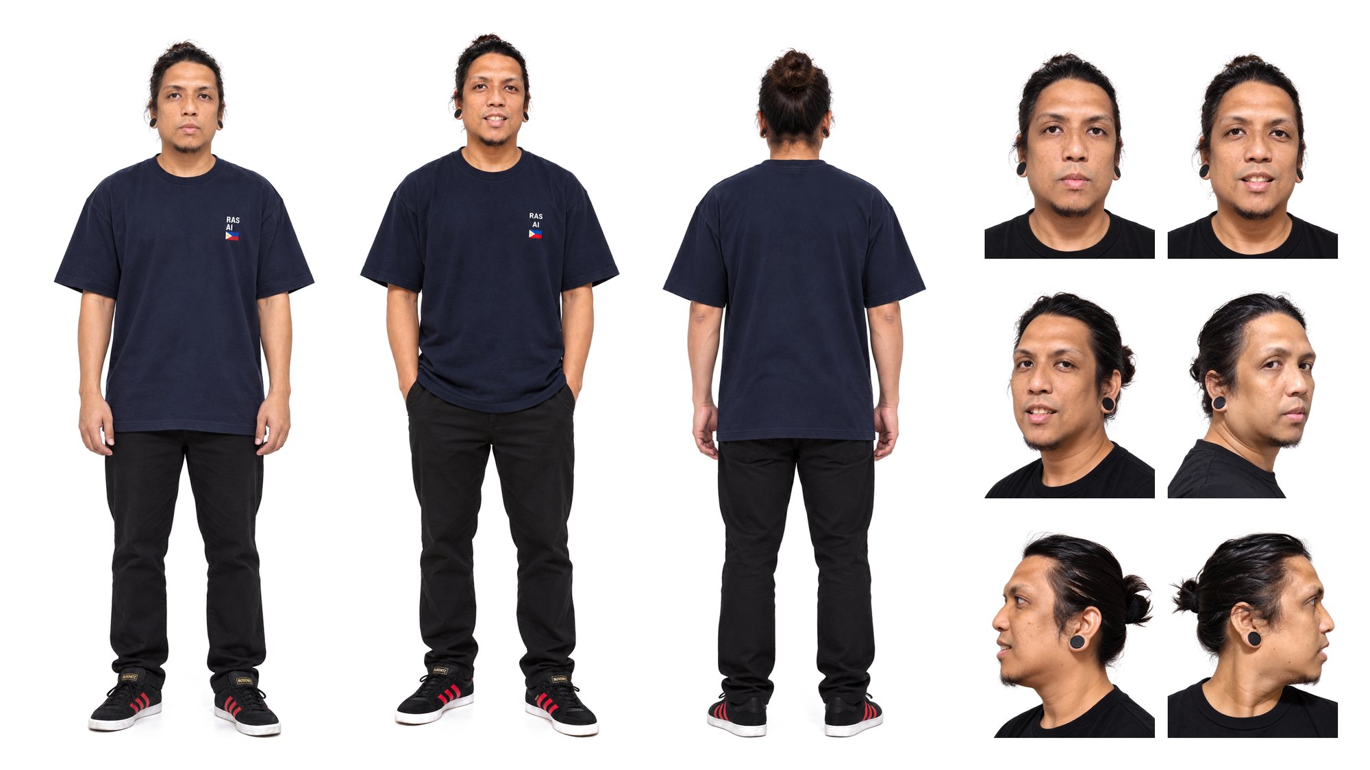 Current character sheet of RA: man bun and navy shirt, three full-body views and six headshots